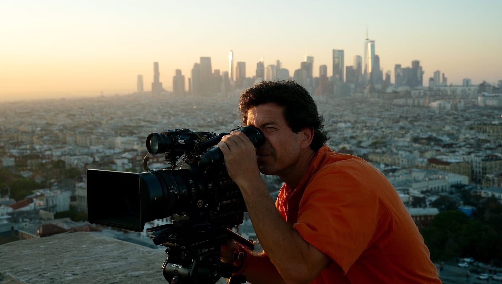A cinematographer looking through a cinema camera viewfinder on a rooftop at dawn above a city skyline