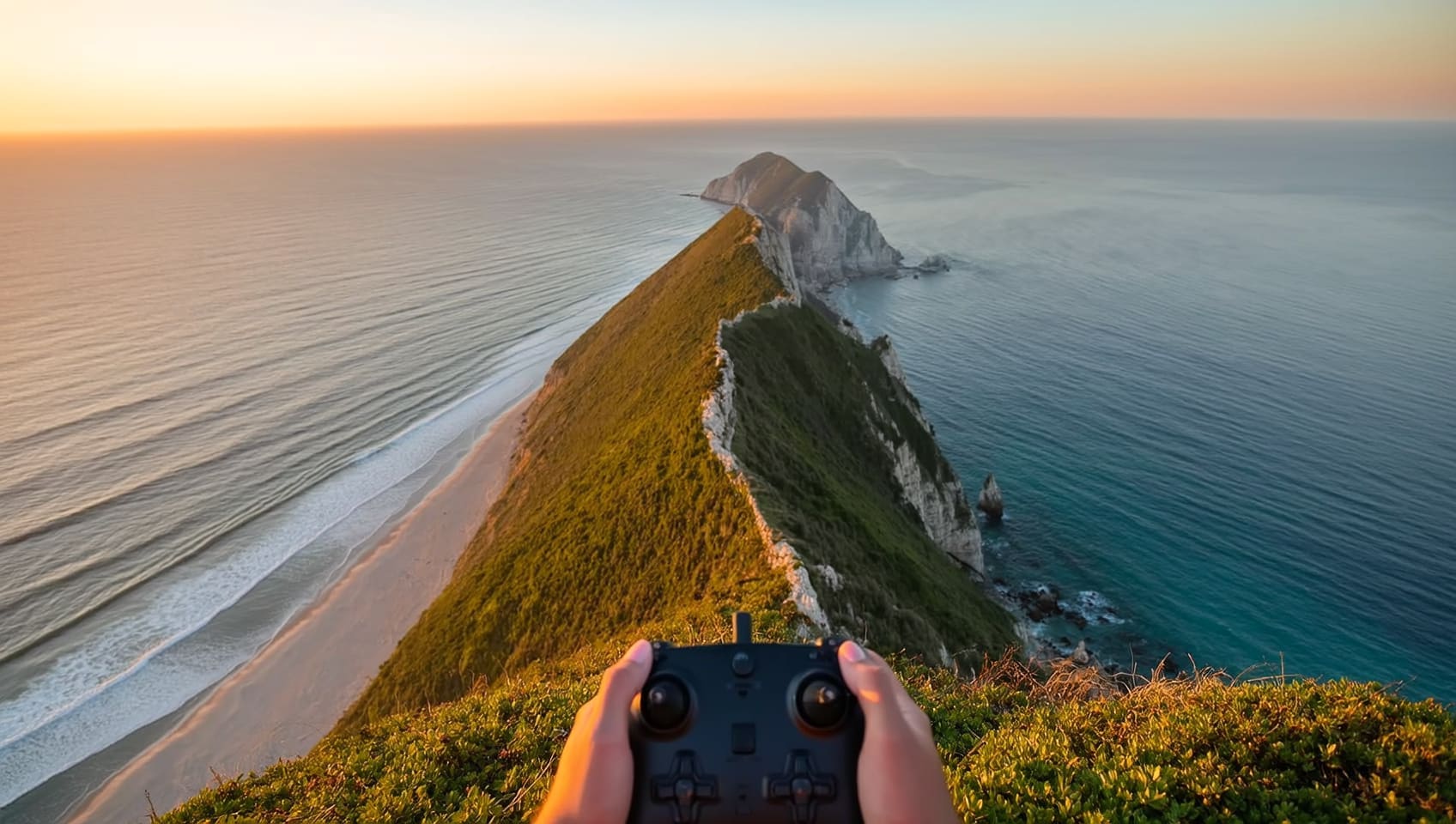First person view of a drone pilot flying over a coastal cliff and shoreline at sunset