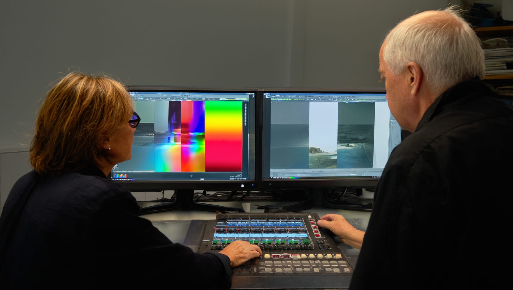 Colorist grading footage at a professional color suite with reference monitors and a grading panel