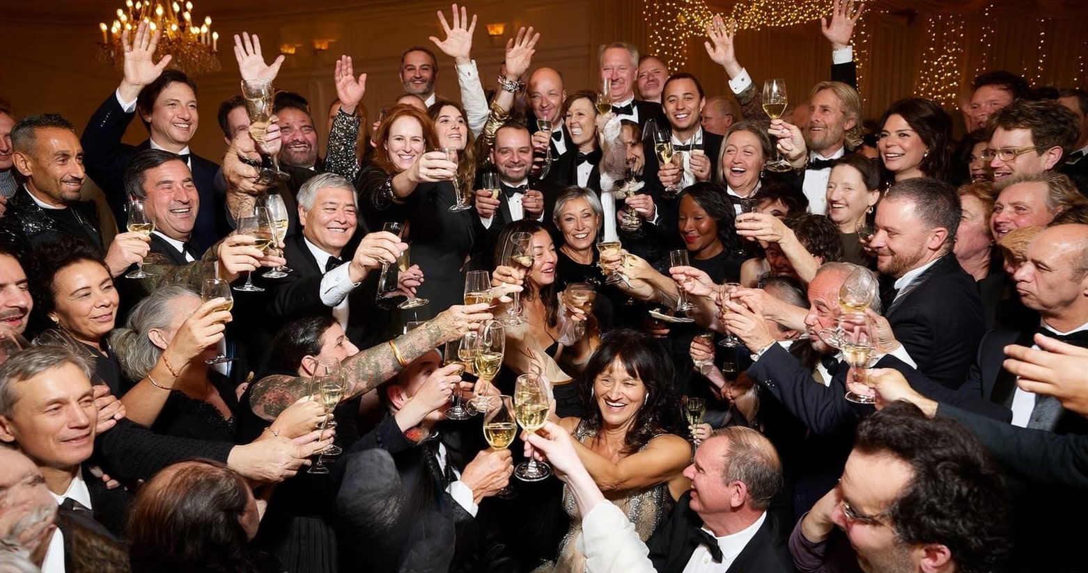 Guests in formal attire toasting together at an elegant black tie gala