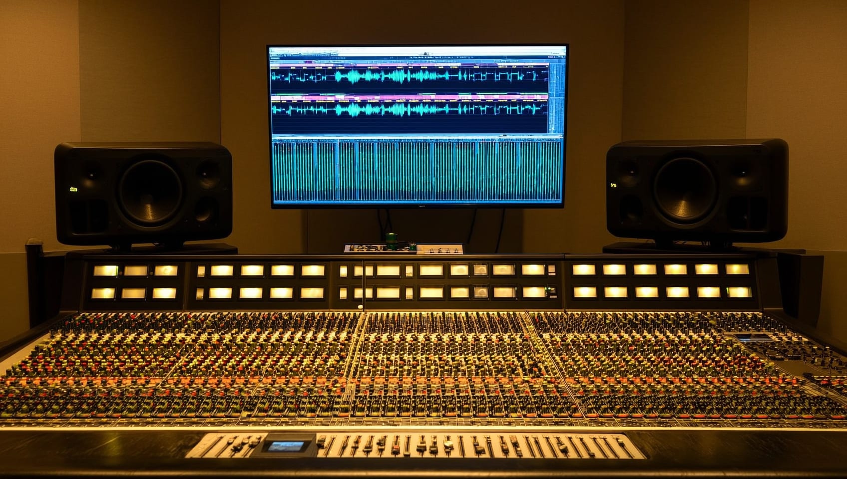 Sound editor mixing audio at a post production workstation