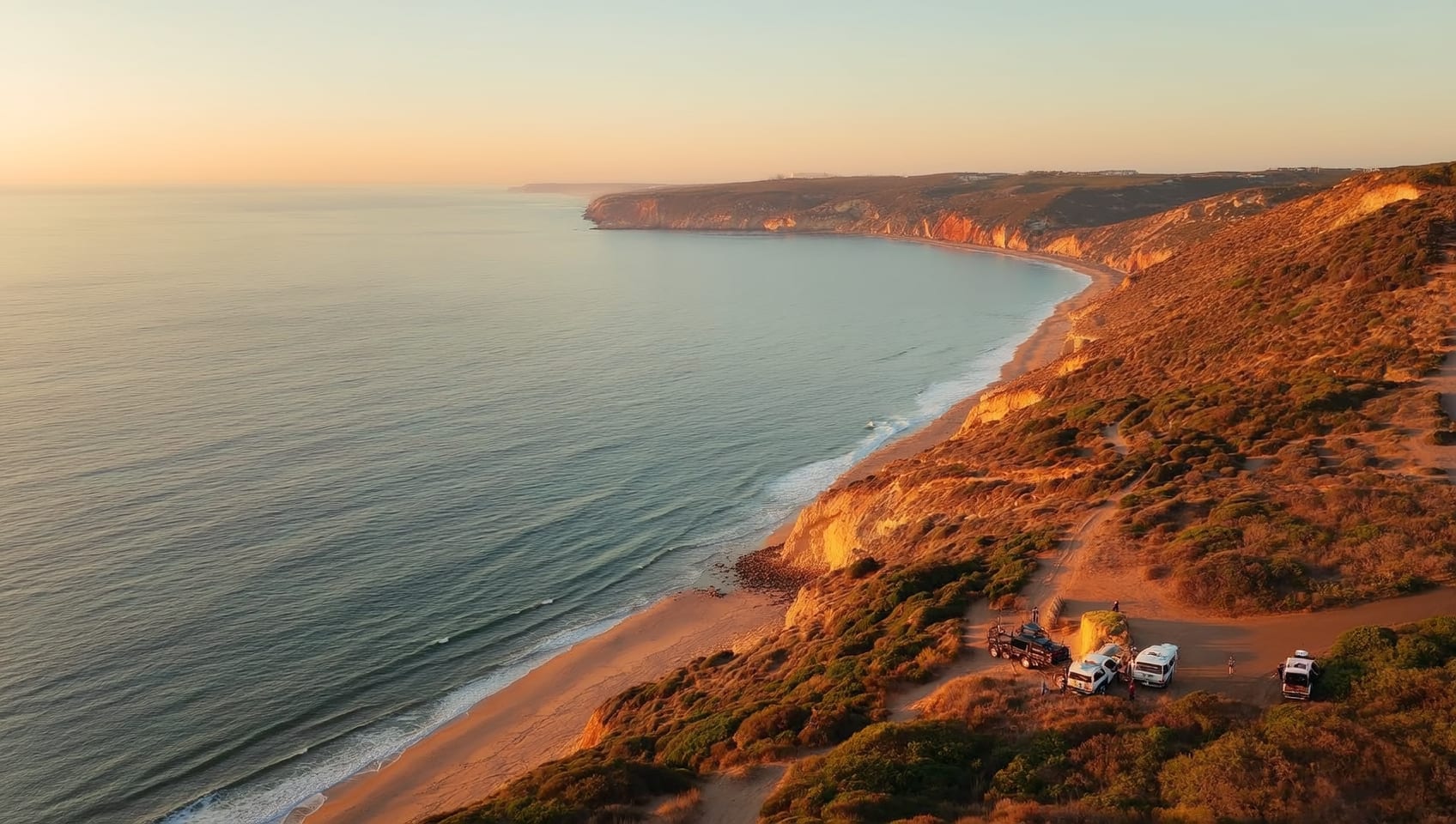 Drone aerial view of a coastal set location at golden hour