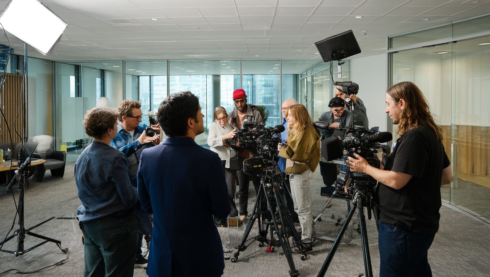 Film crew setting up an interview shot in a modern corporate office
