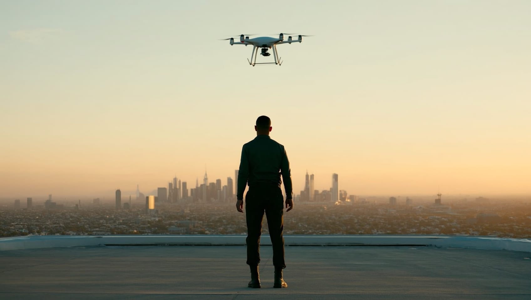 Drone operator launching an aircraft from a rooftop at sunrise